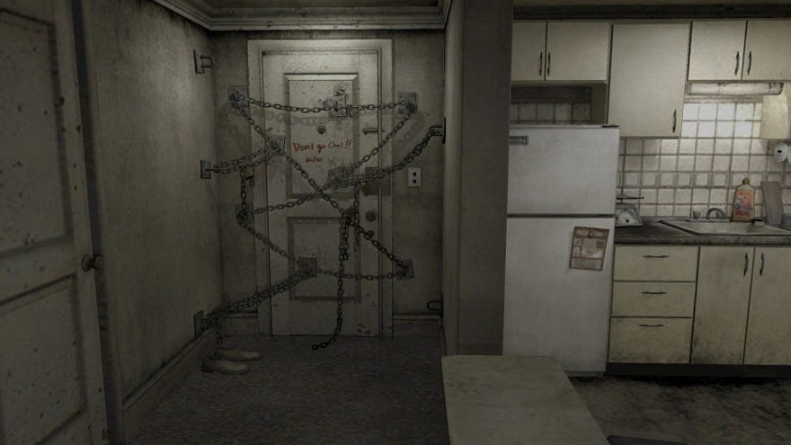 The wrong  of a dingy apartment, the beforehand   doorway  covered with locks and chains successful  Silent Hill 4.