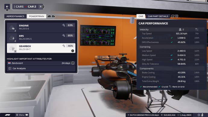 F1 Manager 2023 review screenshot, performance screen for McLaren car with Gearbox highlighted.
