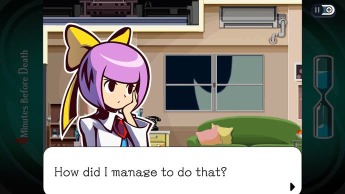 Ghost Trick: Phantom Detective review screenshot, a purple-haired girl with a yellow hair tie says: "How did I manage to do that?"