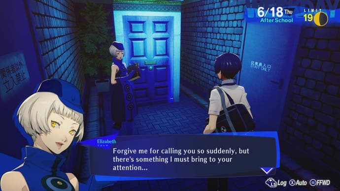 Persona 3 Reload image showing Elizabeth calling you to the blue Velvet Room door.