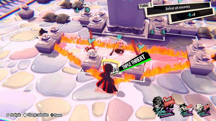 A battle shot in Persona 5 Tactica, in which the main character casts some kind of triangular wall fo fire that has caught three enemies in it. There’s a button prompt for “Triple Threat” visible. Maybe that’s the ability that’s been used.