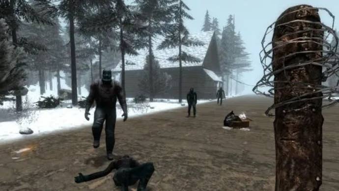 A zombie advances towards the player on a snowy road in an older, less refined version of 7 Days To Die.