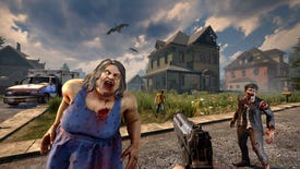 Two zombies shamble towards an armed player against a backdrop of a sunny day in the suburbs.