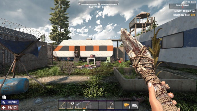 A zombie erupts from a caravan while the player holds a spear.