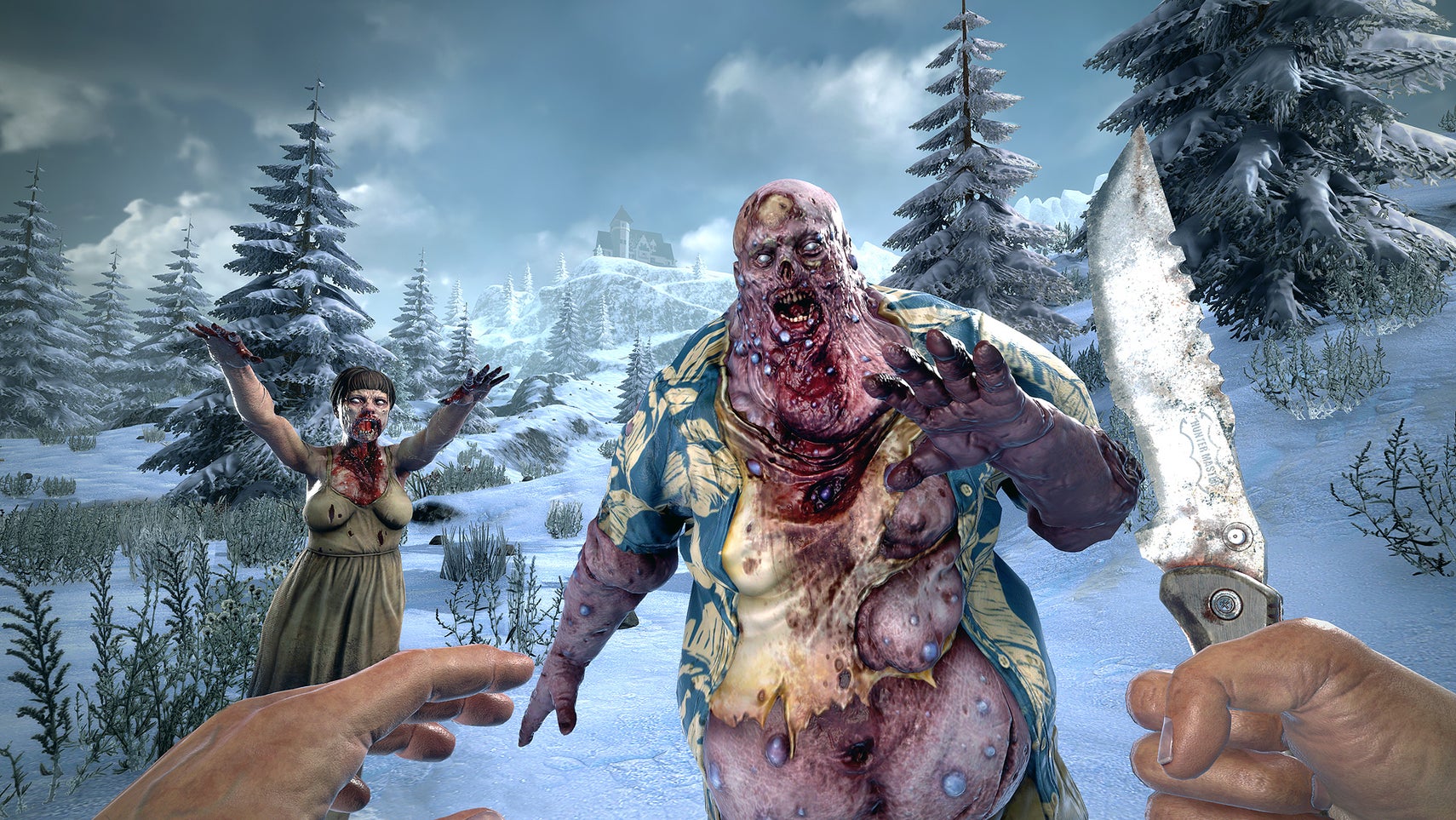 A screenshot from 7 Days to Die, showing a first-person perspective of a person holding a hunting knife as a bulbous rotten zombie charges towards them. There's a feminine zombie nearby with their arms outstretched as if hungry for brains. Perhaps they are.