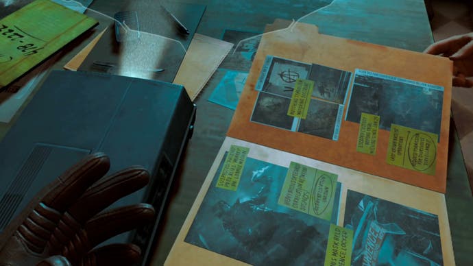 A screenshot that demonstrates the high level of detail in the game's assets. In this case it is a case folder with multiple photos and readable post-it notes inside.
