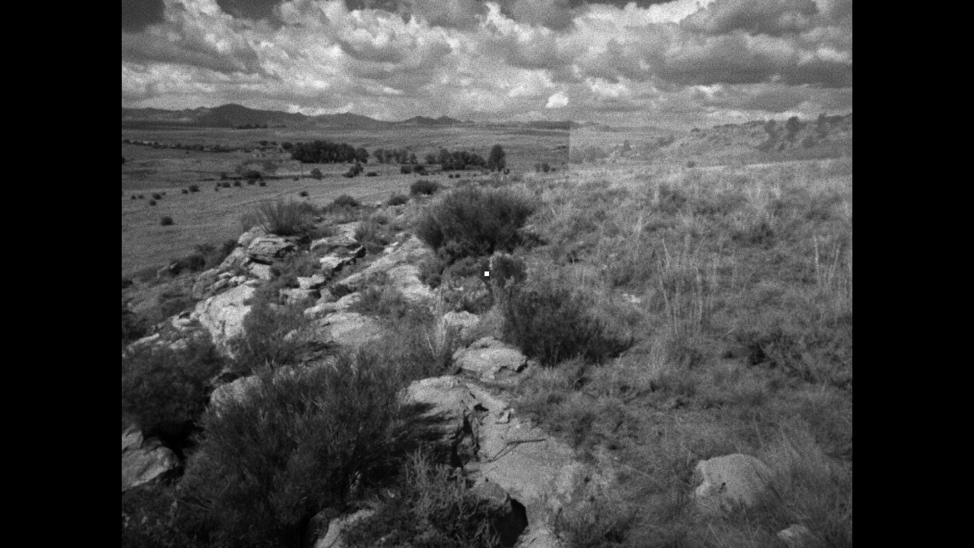 A monochrome photograph of open countryside taken from outside the map in Horses.