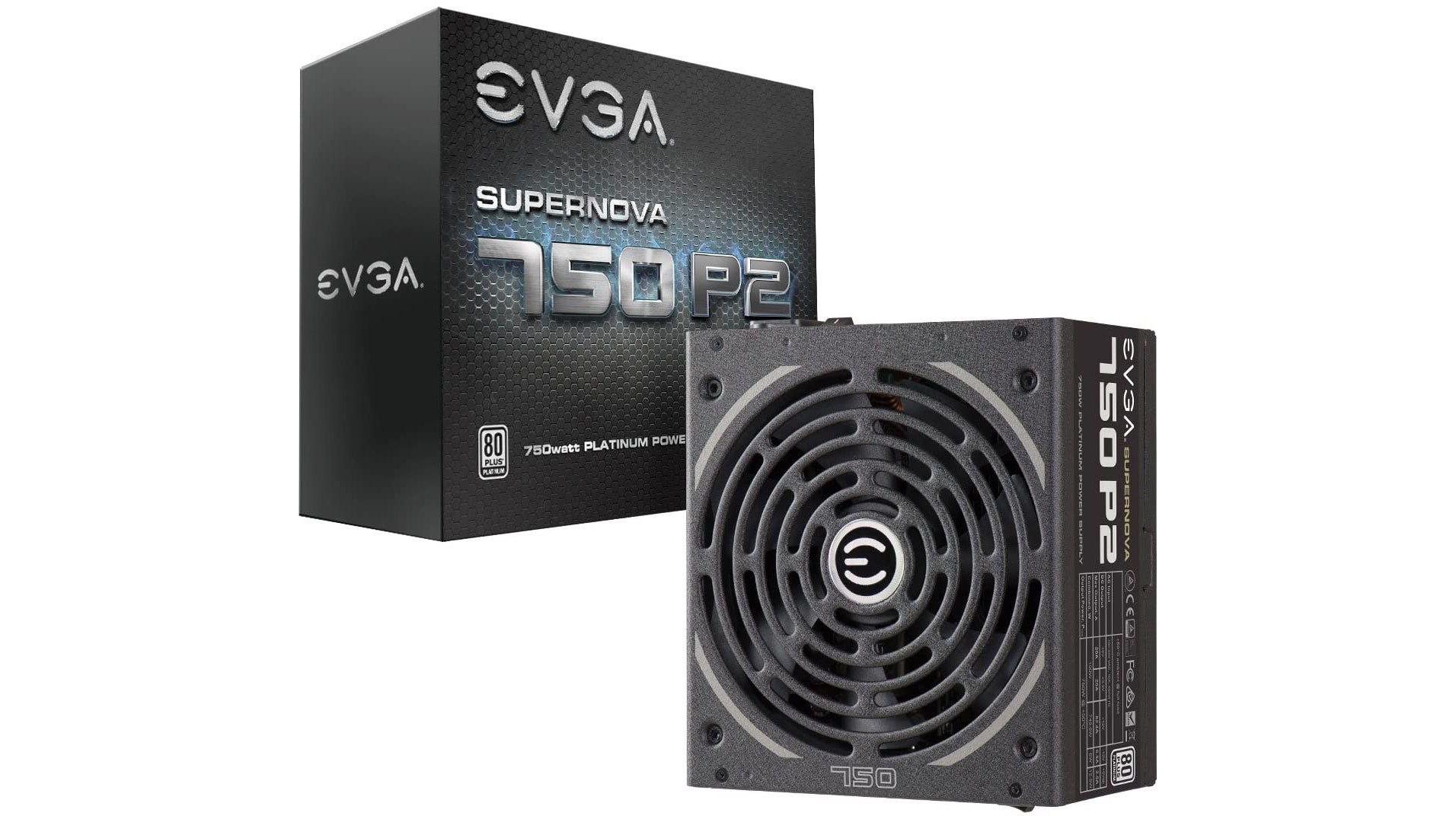 a photo of a shiny evga p2 750w platinum power supply unit (psu)