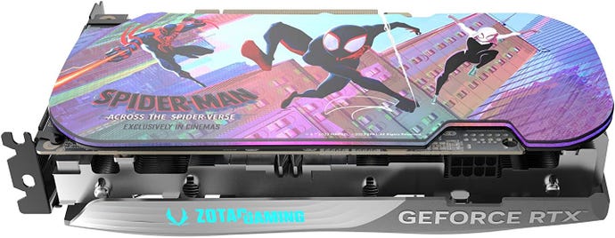 Zotac RTX 4060 Spider-Man underside, showing a magnetic backplate with Spider-Man: Across The Spider-Verse artwork