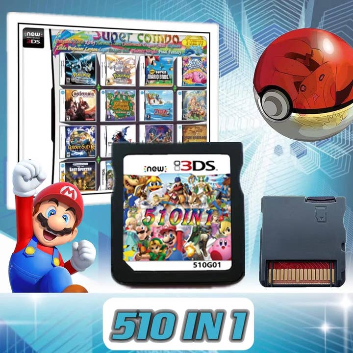 A 510-in-1 Amazon product image for a bootleg DS game collection. The box art is a 4x4 grid of official DS game covers, but with white lines drawn through the "Nintendo DS" logos. There is a Nintendo image of Mario in the bottom-left corner, and an image of a Pokeball in the top-right. If you look closely at the Pokeball, you can see the deformed face of Pikachu, which has apparently been squished into the ball.