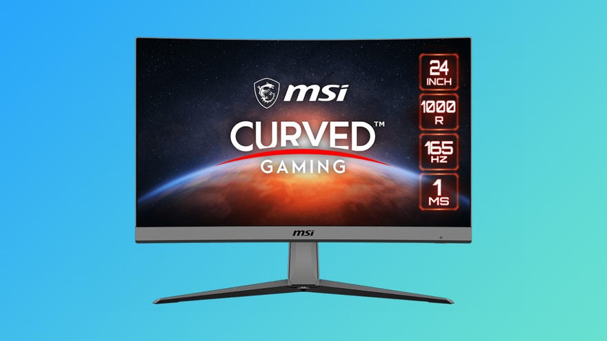 an msi mag artymis 242c gaming monitor, proudly proclaiming its 24-in span, 1000r curvature, 165hz refresh rate and 1ms pixel response time.