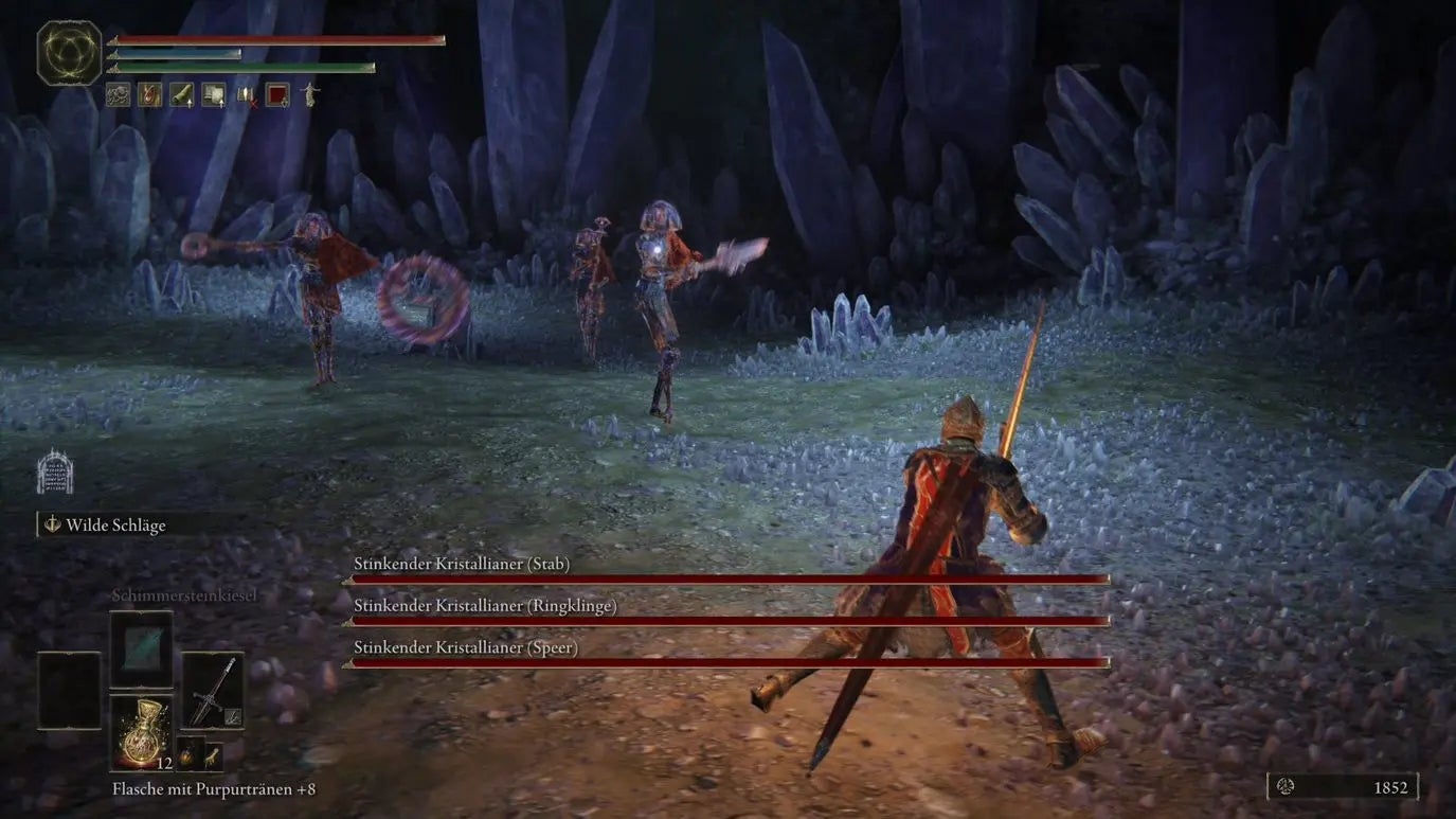 A warrior fights three Putrid Crystalian monsters in Elden Ring.