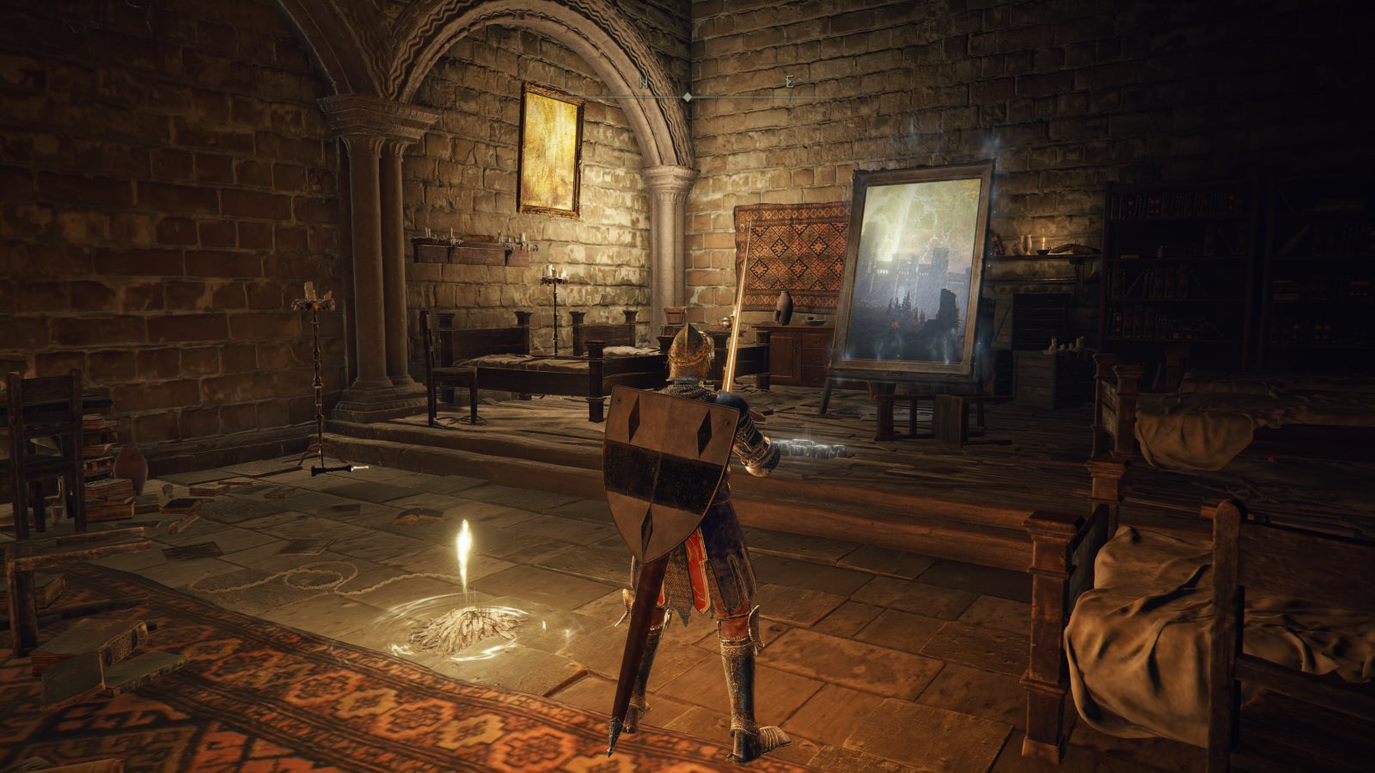 A warrior stands in front of a painting inside a stone walled room in Leyndell Royal Capital in Elden Ring.