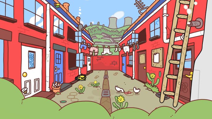 Thank Goodness You're Here! screenshot showing some northern red brick houses on a street with a power plant in the distance