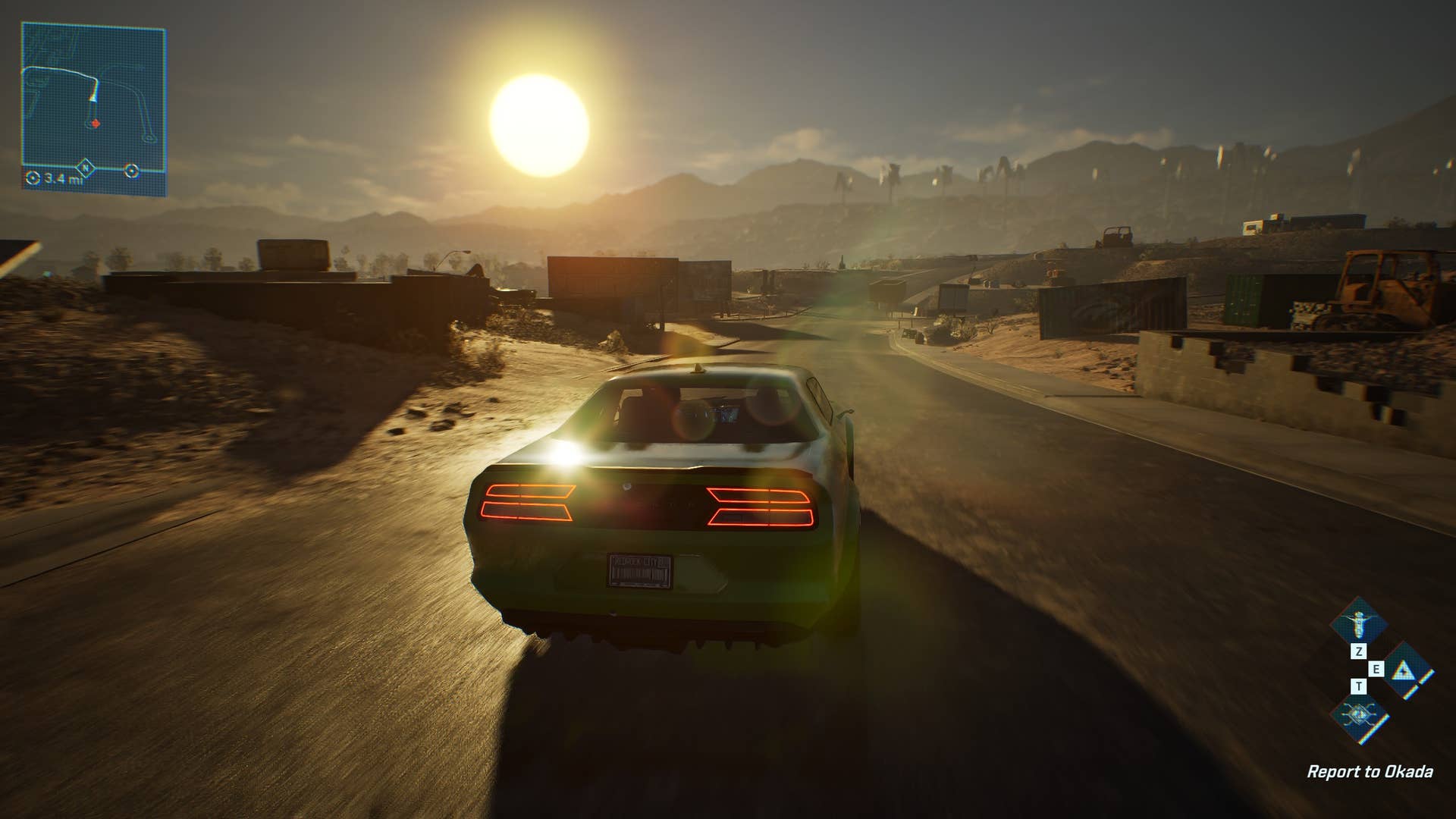A screenshot of MindsEye, showing the player driving through the desert in a green muscle car, sun glinting off the bodywork.