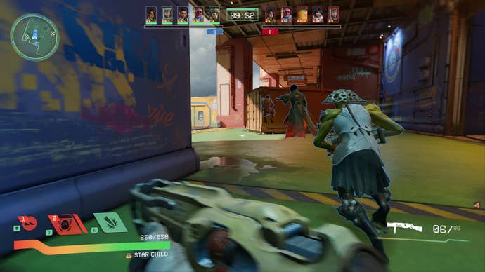 A screenshot of Concord, showing the player’s team sprinting away from the starting location.