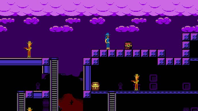 A cowboy climbs over the roof of a train in UFO 50.