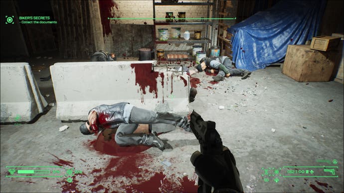 A screenshot of RoboCop: Rogue City, showing the aftermath of a gunfight. Bikers lie on the ground, surrounded by bloodstains.