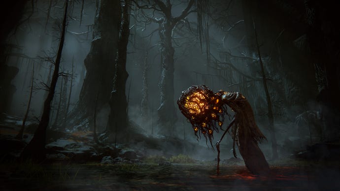 A monstrous figure with an enlarged glowing head in a dark forest