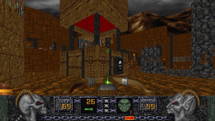 A screenshot of Heretic: Faith Renewed, showing the player character in a sandstone complex surrounded by enemies