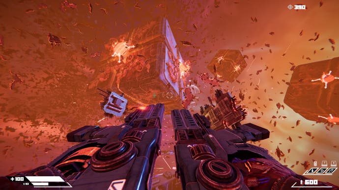 A screenshot of Turbo Overkill, showing a debris-strewn space battlefield, with a giant "Syn Cube" spacecraft in the background.
