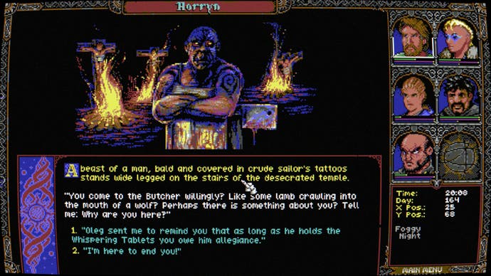 A Screenshot of Skald: Against the Black Priory, showing the yellow-eyed, corpse-like character of the Butcher.
