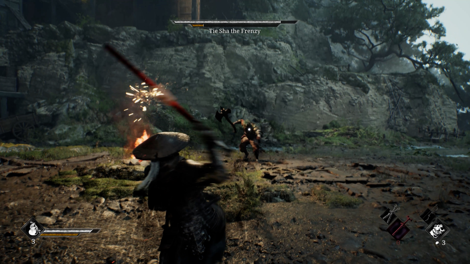 Phantom Blade Zero screenshot with player parrying an attack from an axe-wielding warrior