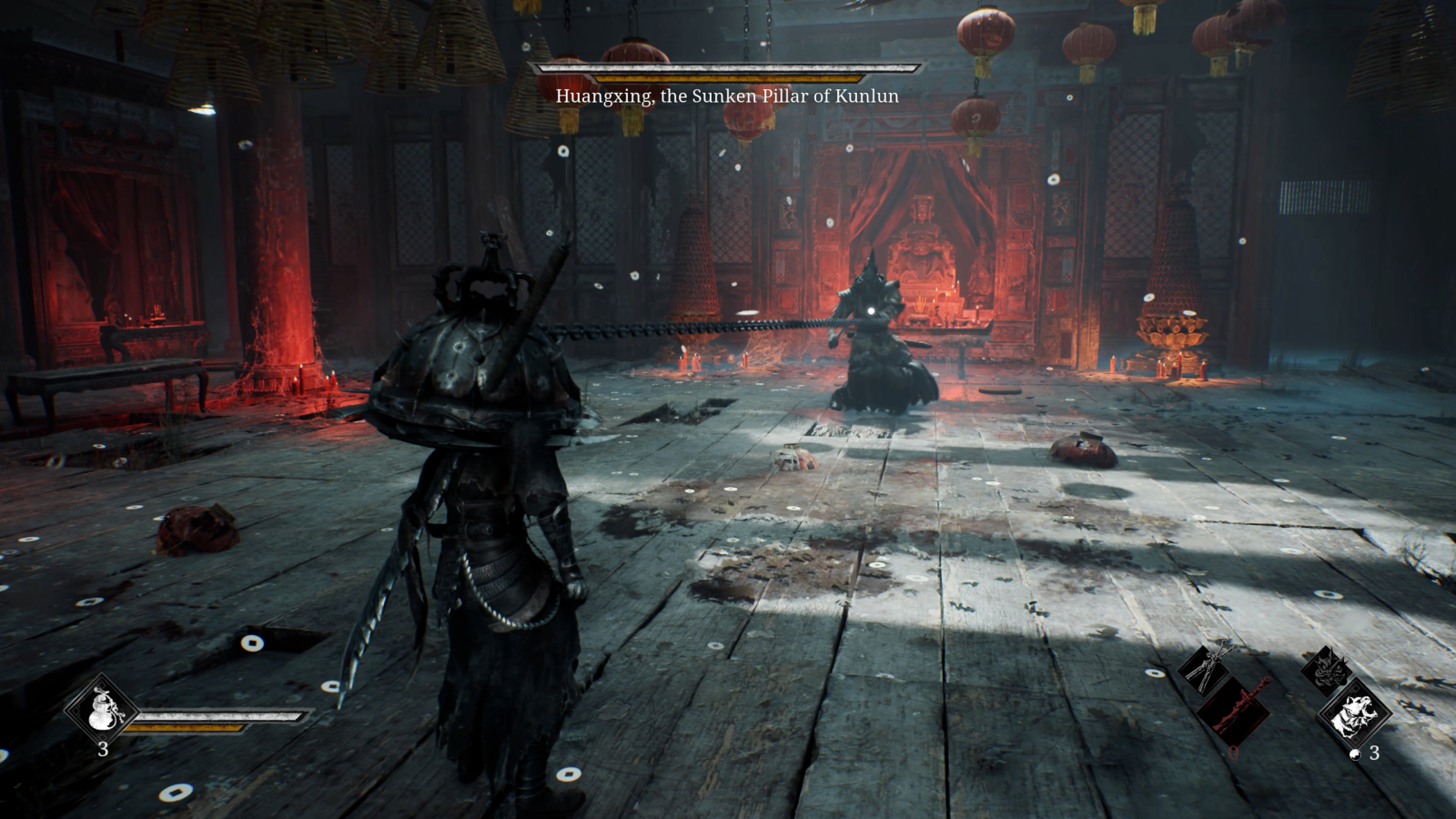 Phantom Blade Zero screenshot showing warrior boss with spiked helmet holding a spiked weapon on a chain over the player&rsquo;s head