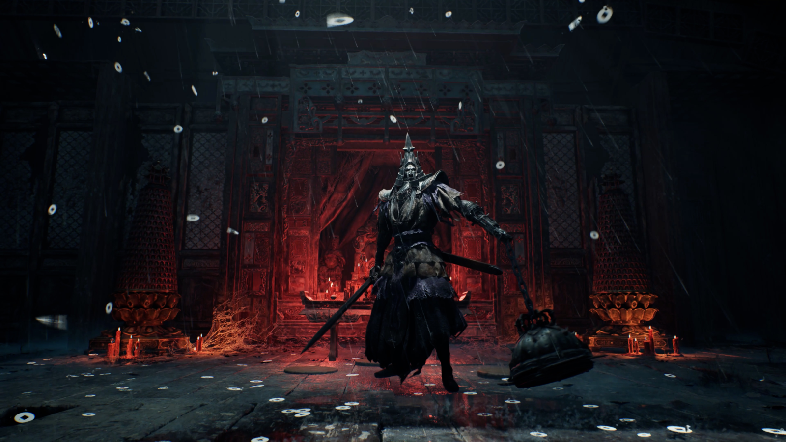 Phantom Blade Zero screenshot showing warrior boss from cutscene holding a spiked weapon on a chain