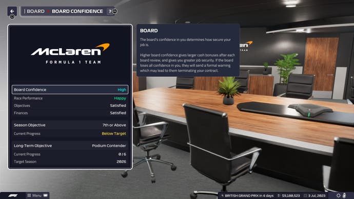 F1 Manager 2023 review screenshot, shows the board's current confidence in McLaren leadership.