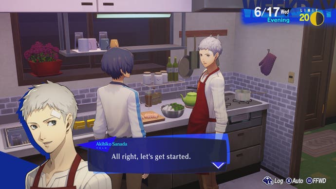 Persona 3 Reload image showing protagonist cooking food with Akihiko Sanada.