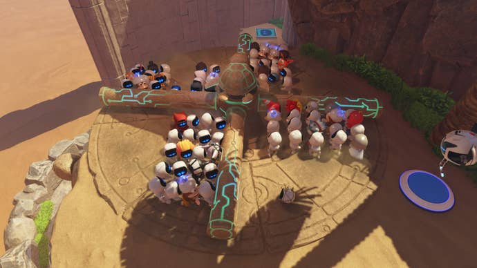 Astro Bot and a group of rescued bots turn the spokes of a giant mechanism.