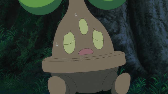 Close up of Bonsly crying from the Pokemon anime