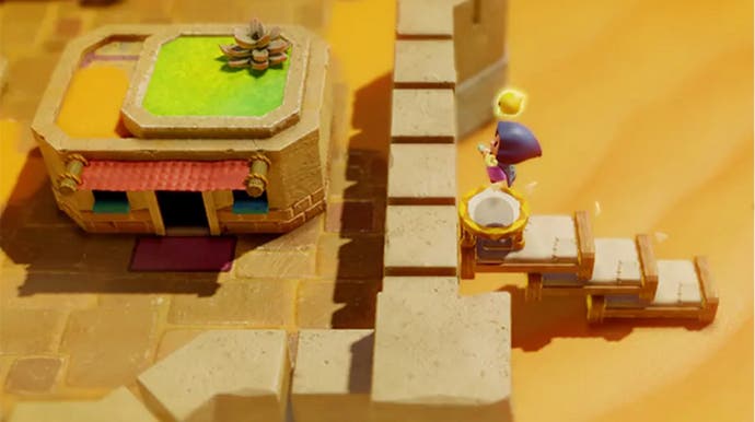 Captura de tela de Zelda: Echoes of Wisdom mostrando Zelda pulando em um telhado com um trampolim.