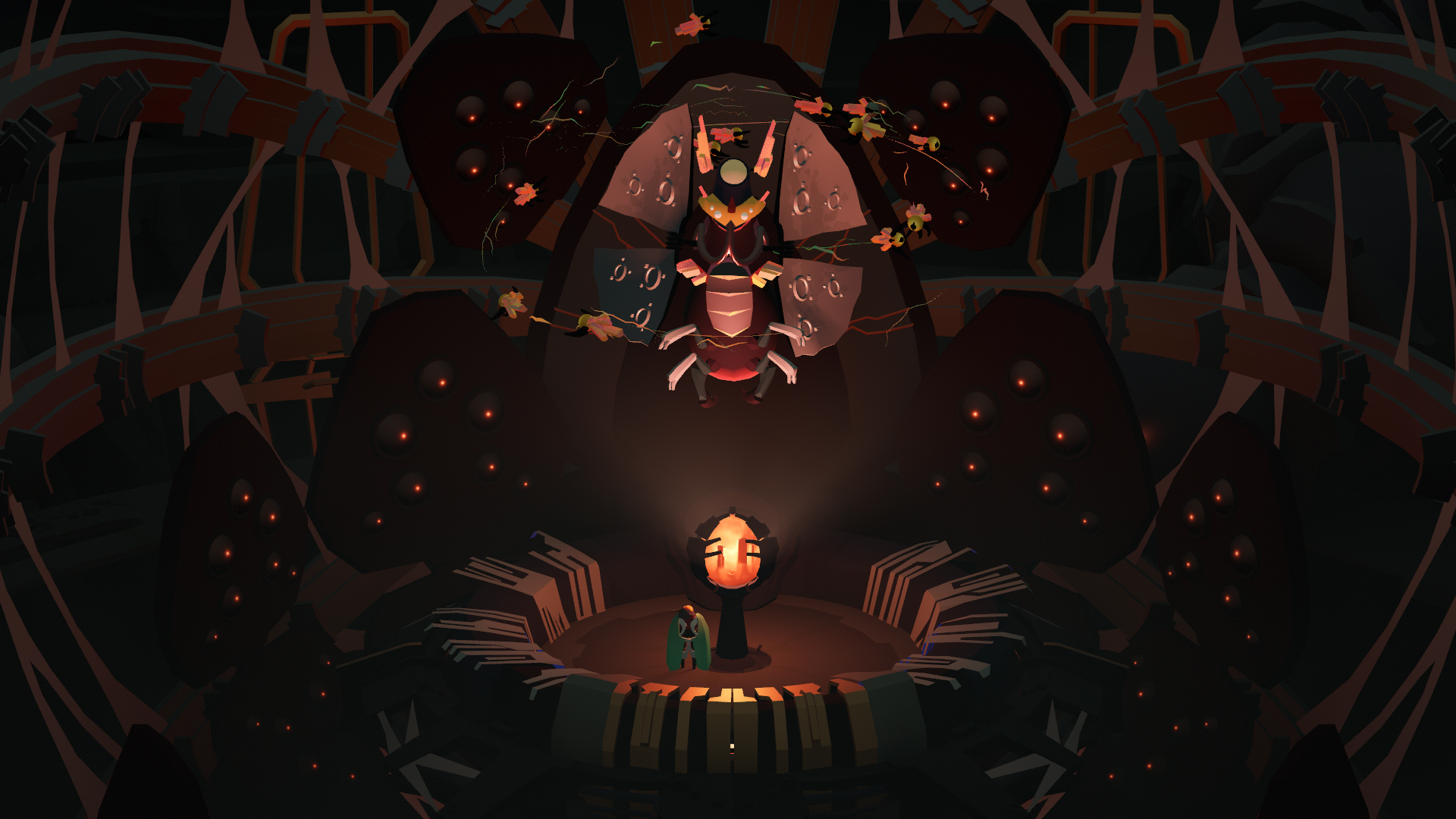Screenshot from Cocoon showing a new boss rising above an orange orb as the game&rsquo;s insectoid protagonist looks on