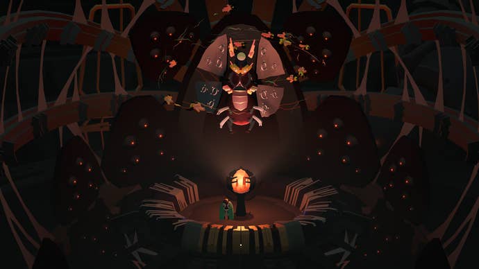 Screenshot from Cocoon showing a new boss rising above an orange orb as the game’s insectoid protagonist looks on
