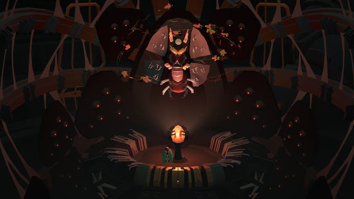 Screenshot from Cocoon showing a new boss rising above an orange orb as the game's insectoid protagonist looks on