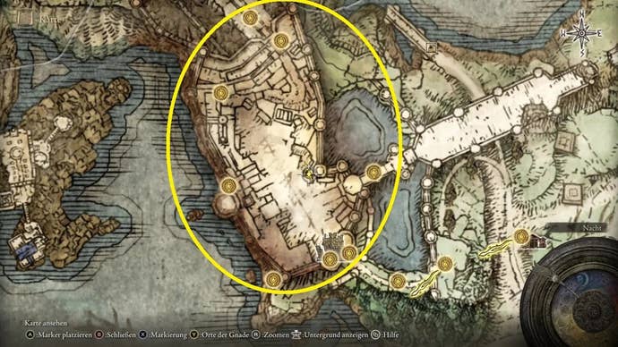 A map screen from Elden Ring with Stormveil Castle highlighted inside a yellow circle.
