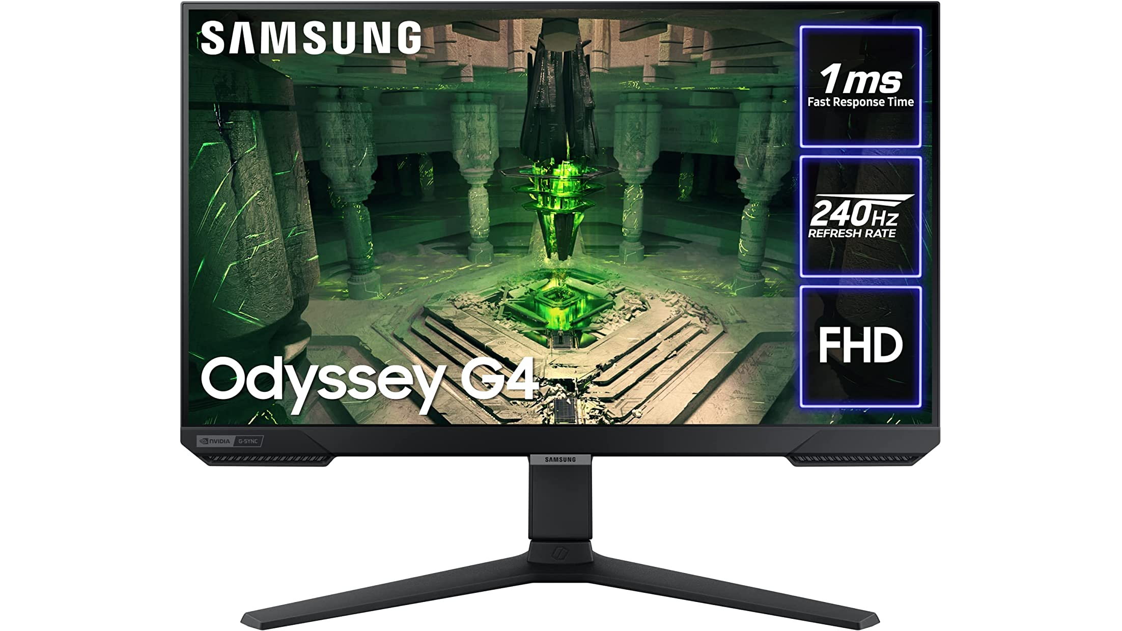 samsung odyssey g4 gaming monitor, with text saying its features (&ldquo;Full HD&rdquo;, &ldquo;240Hz refresh rate&rdquo;, &ldquo;1ms fast response time&rdquo;).
