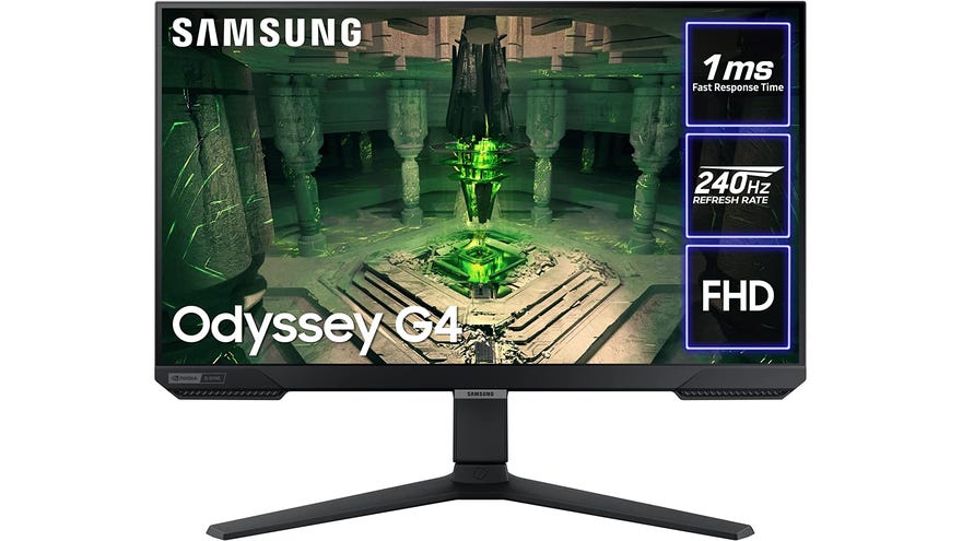 samsung odyssey g4 gaming monitor, with text saying its features (“Full HD”, “240Hz refresh rate”, “1ms fast response time”).