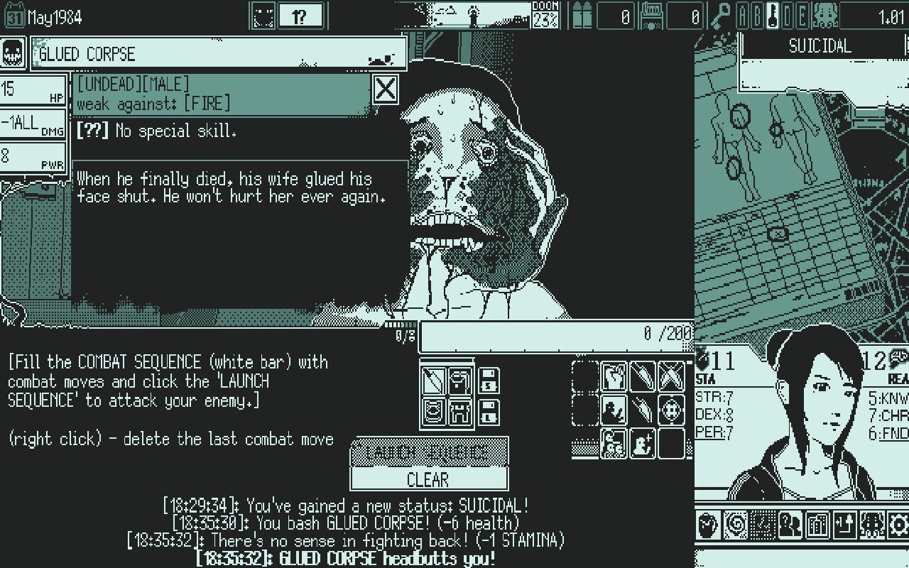 A screenshot from World of Horror showing a combat scenario against a Glued Corpse, whose face has split into two flapping folds of skin.