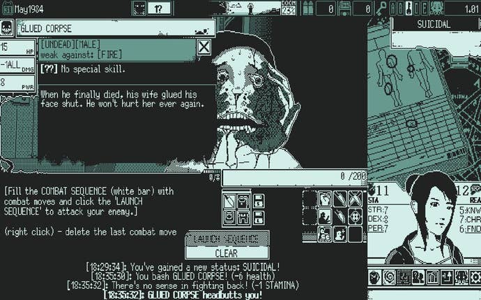 A screenshot from World of Horror showing a combat scenario against a Glued Corpse, whose face has split into two flapping folds of skin.