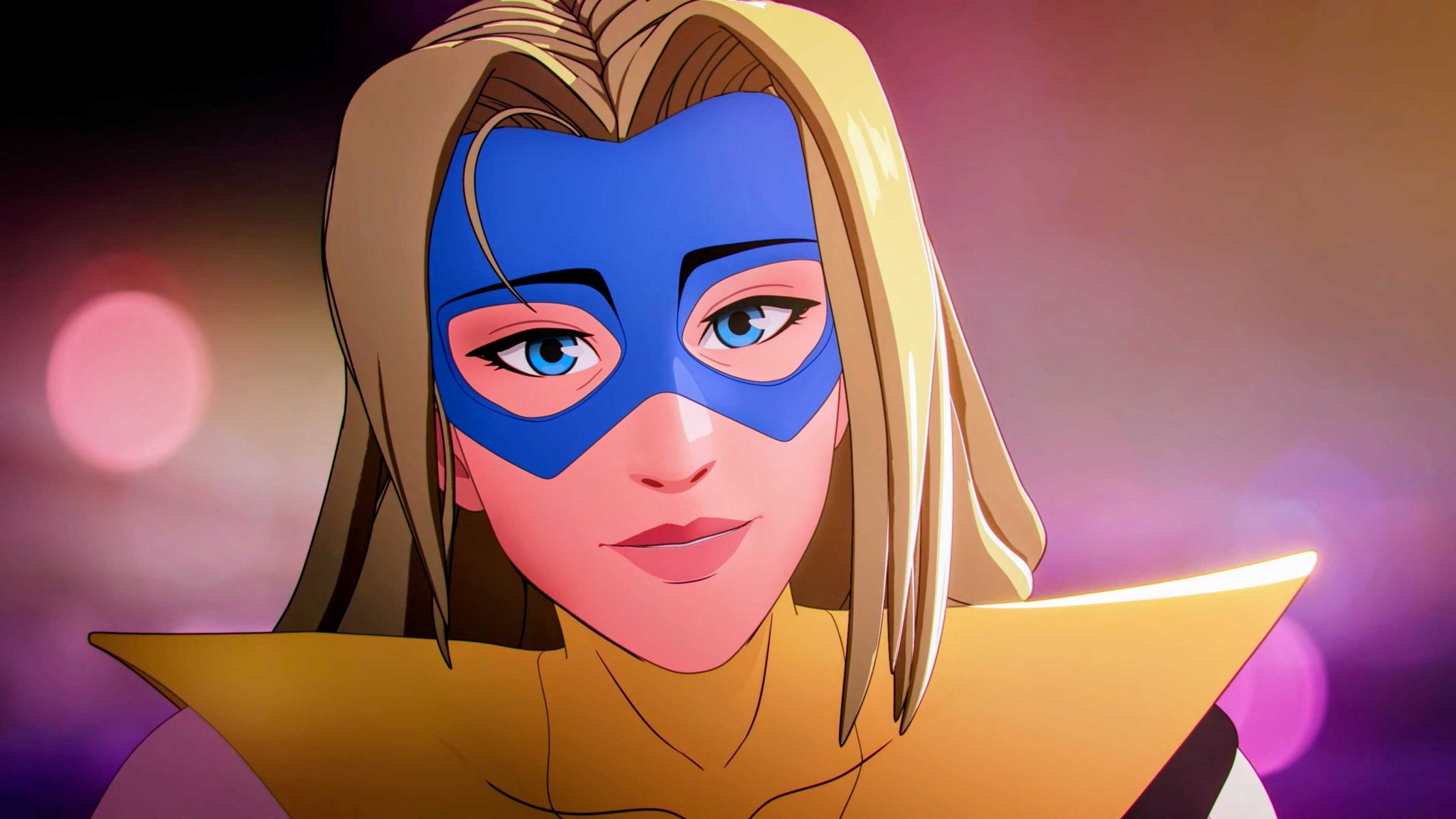 Close up of a female super hero with blonde hair and a blue eye mask in Dispatch