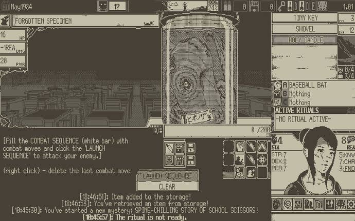 A screenshot from World of Horror showing a combat scenario against a Forgotten Specimen, a tangle of tentacles barely visible inside a glass jar.