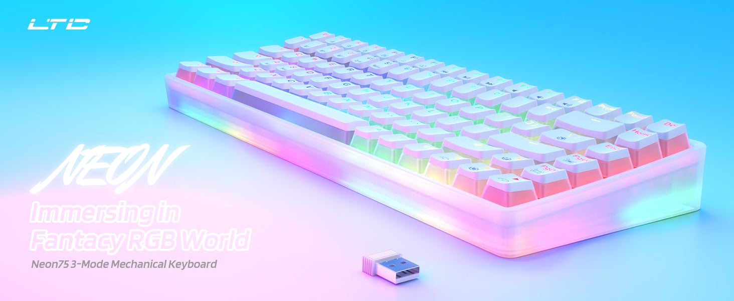 a side view of the neon75 keyboard, showing its semi-transparent sides and RGB lighting