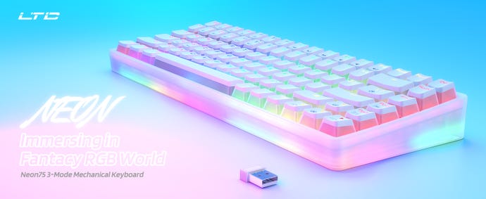 a side view of the neon75 keyboard, showing its semi-transparent sides and RGB lighting