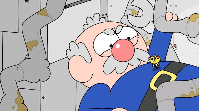 Thank Goodness You're Here! screenshot showing a giant elderly plumber frowning at you and some pipes