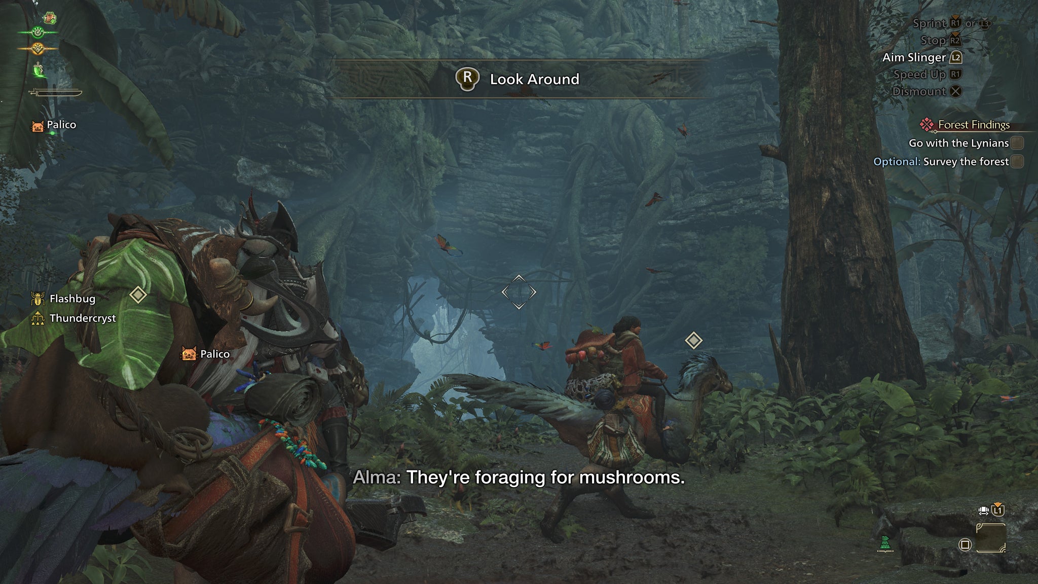 Two hunters ride their Seikrets through the dense undergrowth of The Forbidden Lands in Monster Hunter Wilds. - 8