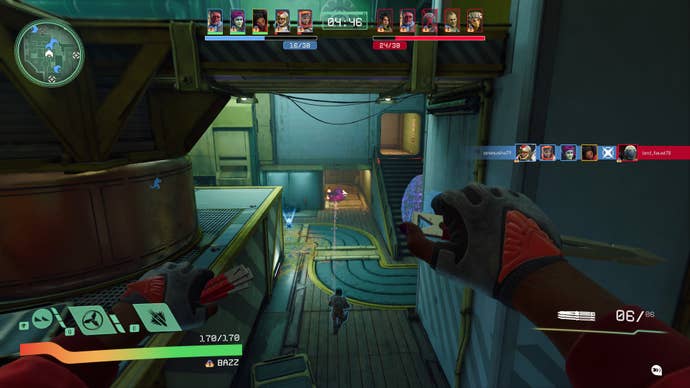 A screenshot of Concord, showing the character Bazz throwing knives at enemies beneath her.