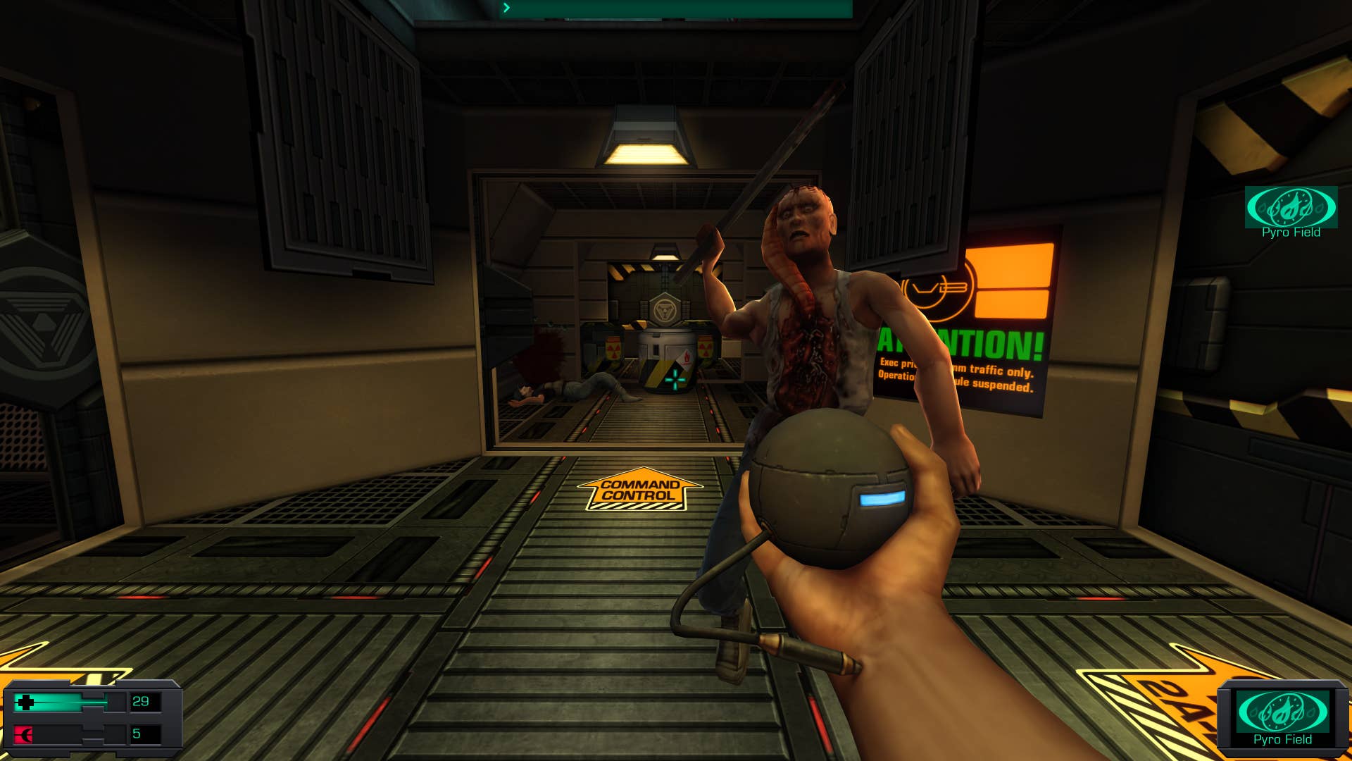 8. A screenshot of System Shock 2: 25th anniversary remaster, showing the player being attacked by a pipe hybrid in the engineering corridors.